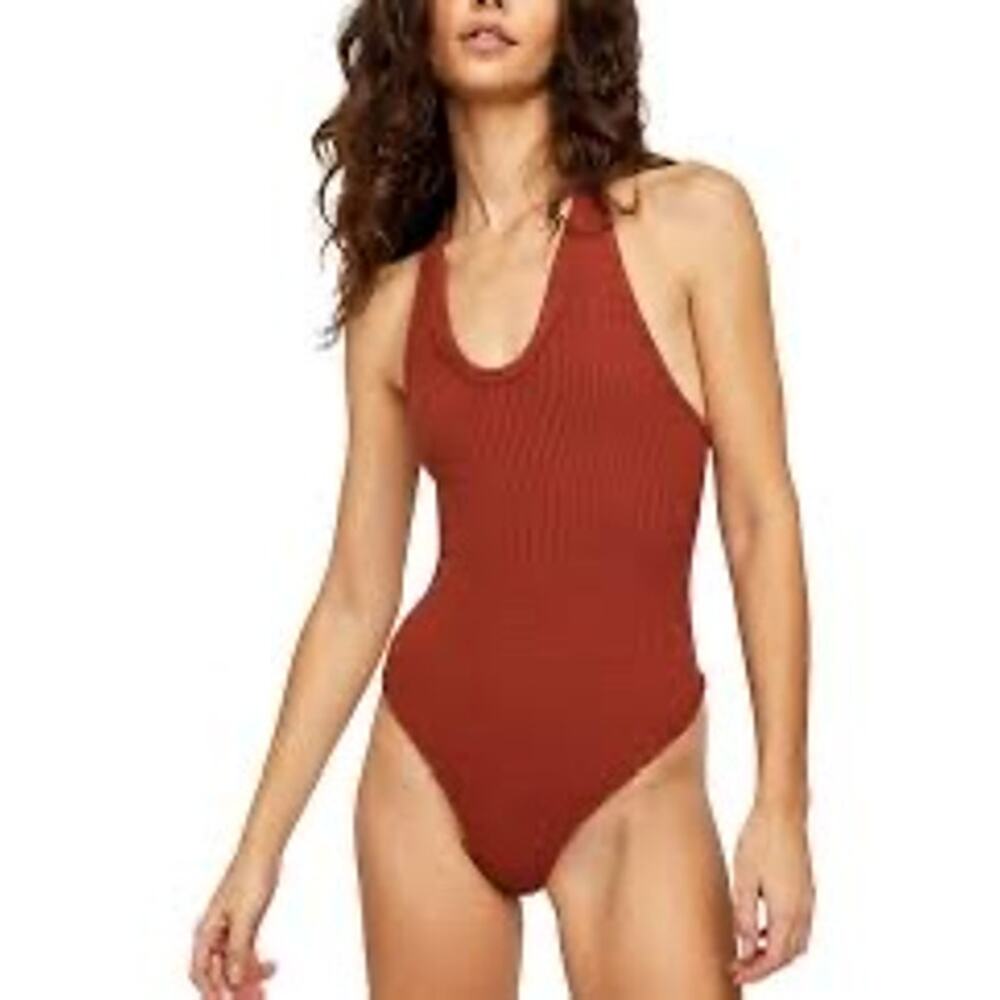 Free People X Intimately Women Sz S Rust Speed Dial Ribbed Thong Bodysuit *EUC